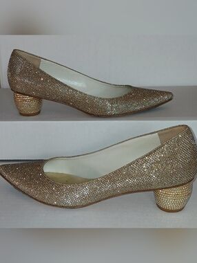 Stuart Weitzman Sparkly Gold Pumps Crystal Heel Pointed Toe Sz 6